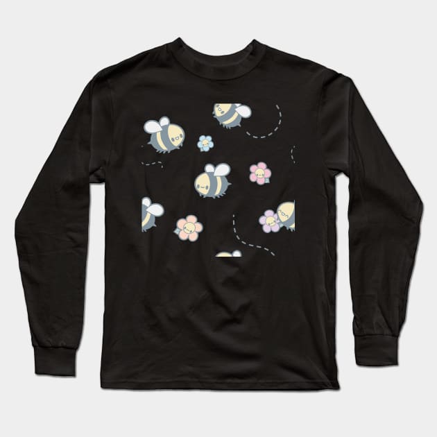 Pastel Pink Kawaii Bees and Flowers Artwork | Cute Spring Aesthetic Long Sleeve T-Shirt by yalitreads